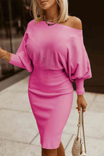Boat Neck Lantern Sleeve Sweater Dress - Ladyez