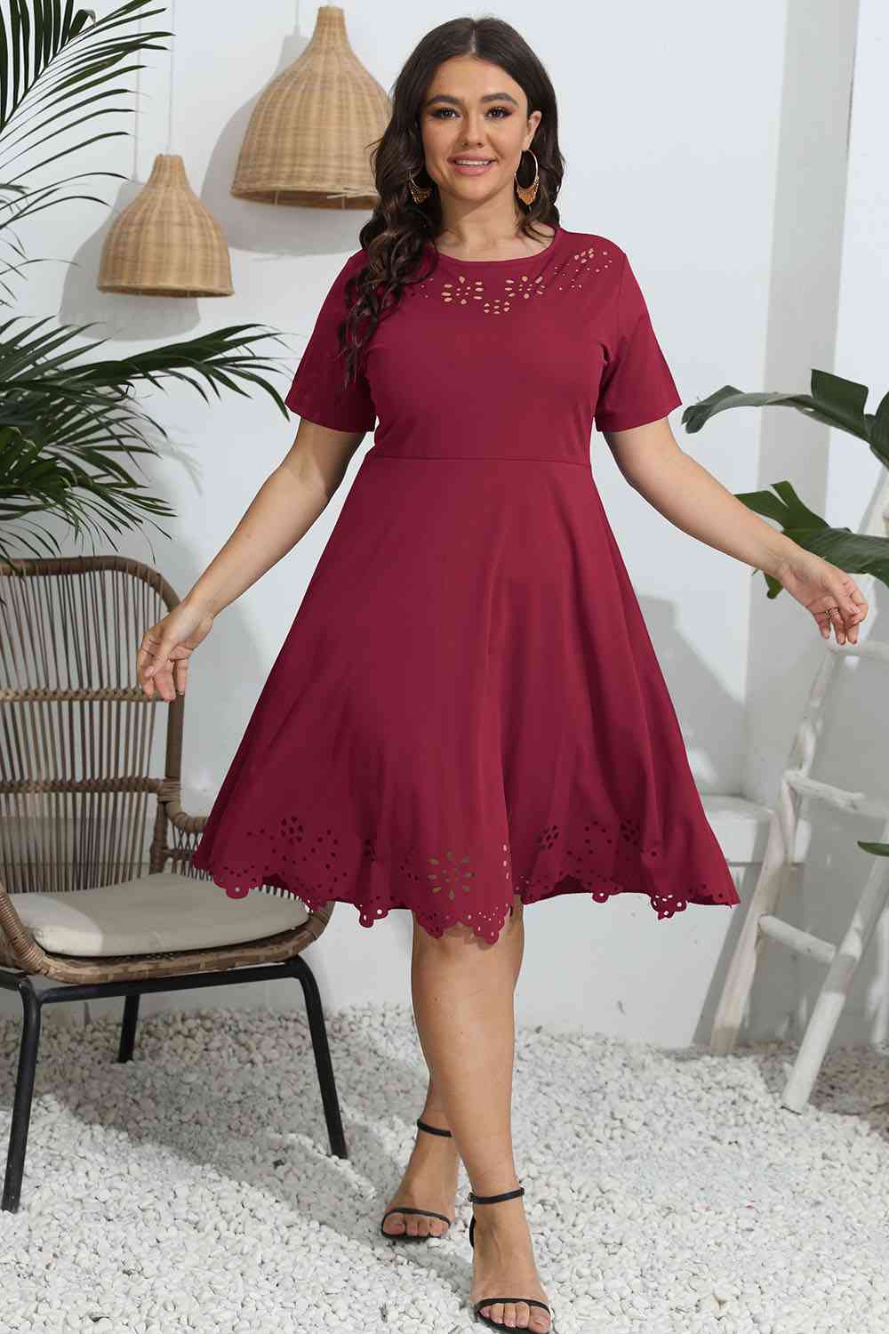 Plus Size Round Neck Openwork Dress - Ladyez