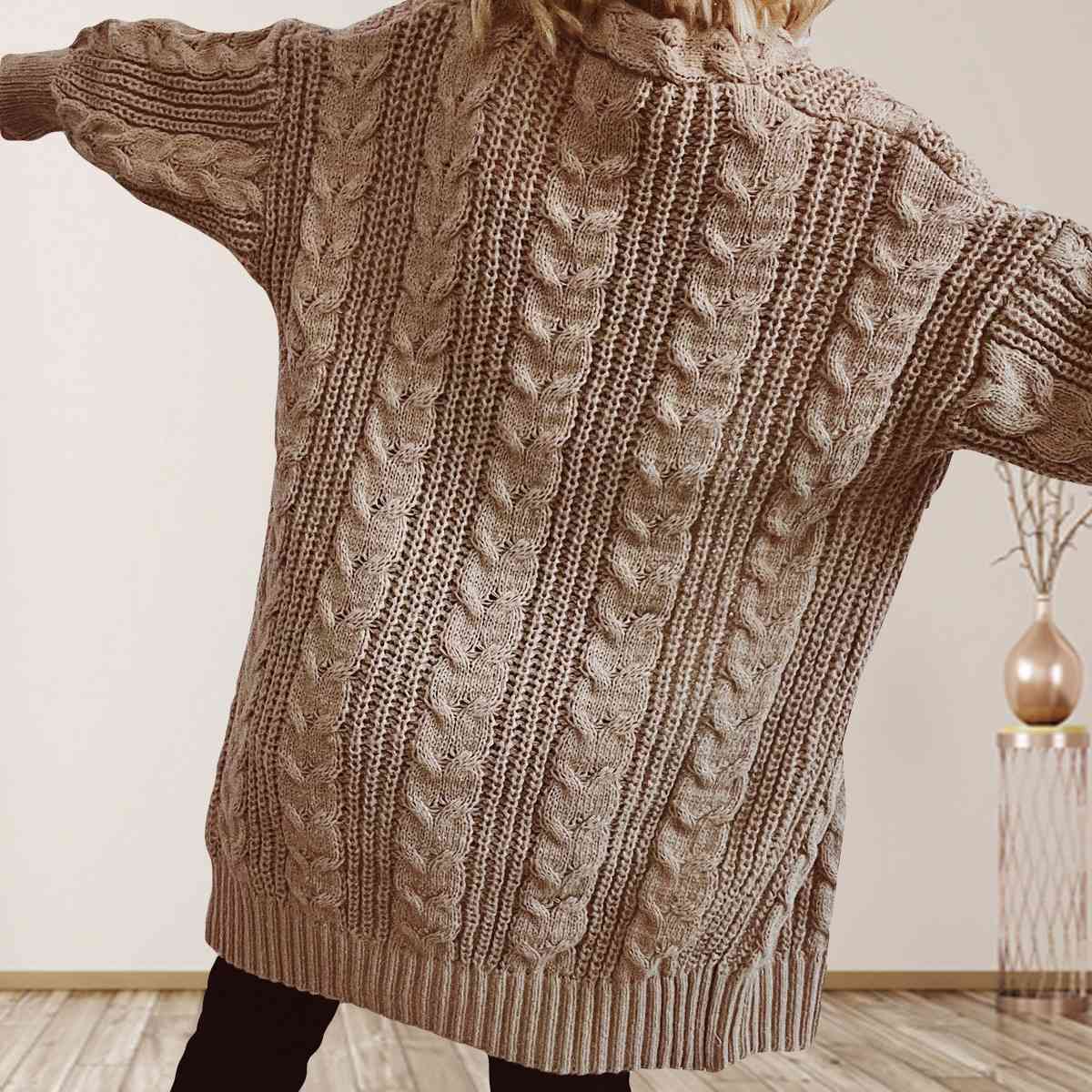 Cable-Knit Open Front Dropped Shoulder Cardigan - Ladyez