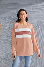 Ribbed Color Block Exposed Seam Round Neck Blouse - Ladyez