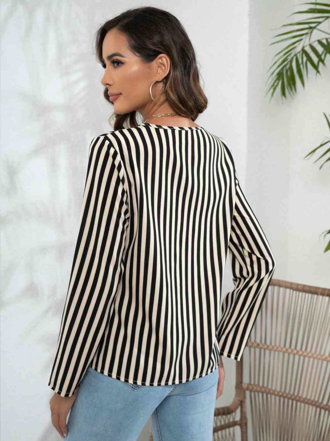 Striped Long Sleeve Notched Blouse - Ladyez