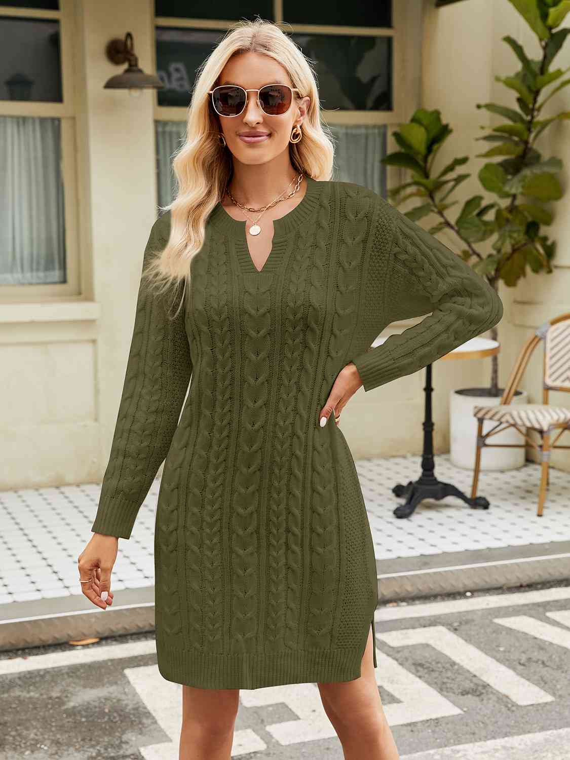 Notched Neck Cable-Knit Slit Sweater Dress - Ladyez