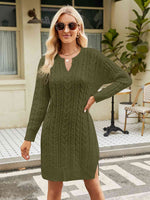 Notched Neck Cable-Knit Slit Sweater Dress - Ladyez
