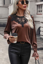 Lace Detail Round Neck Smocked Flounce Sleeve Blouse - Ladyez