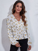 Floral V-Neck Balloon Sleeve Peplum Blouse - Ladyez