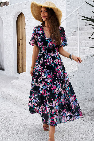Smocked Floral V-Neck Short Sleeve Dress - Ladyez