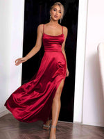 Spaghetti Strap Lace-Up Back Split Dress - Ladyez