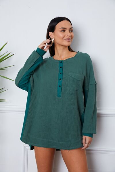 Half Button Up Round Neck Blouse - Ladyez
