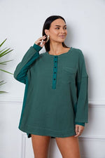 Half Button Up Round Neck Blouse - Ladyez