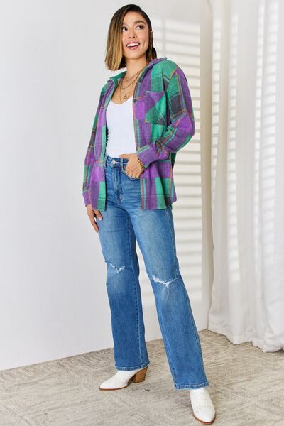 Zenana Plaid Button Up Long Sleeve Shacket - Ladyez