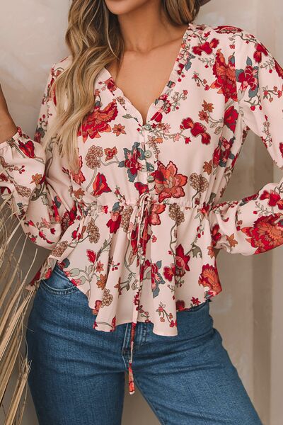 Floral V-Neck Drawstring Peplum Blouse - Ladyez