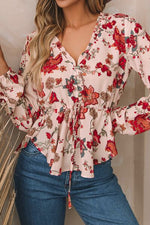 Floral V-Neck Drawstring Peplum Blouse - Ladyez