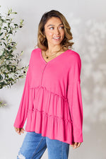 Double Take Half Button Long Sleeve Ruffle Hem Blouse - Ladyez