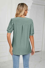 Eyelet Short Puff Sleeve Notched Neck Top - Ladyez