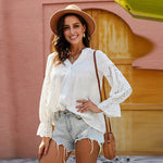 Crochet Flounce Sleeve Button Up Blouse - Ladyez