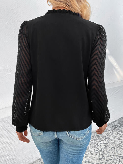 Mesh V-Neck Button Front Blouse - Ladyez