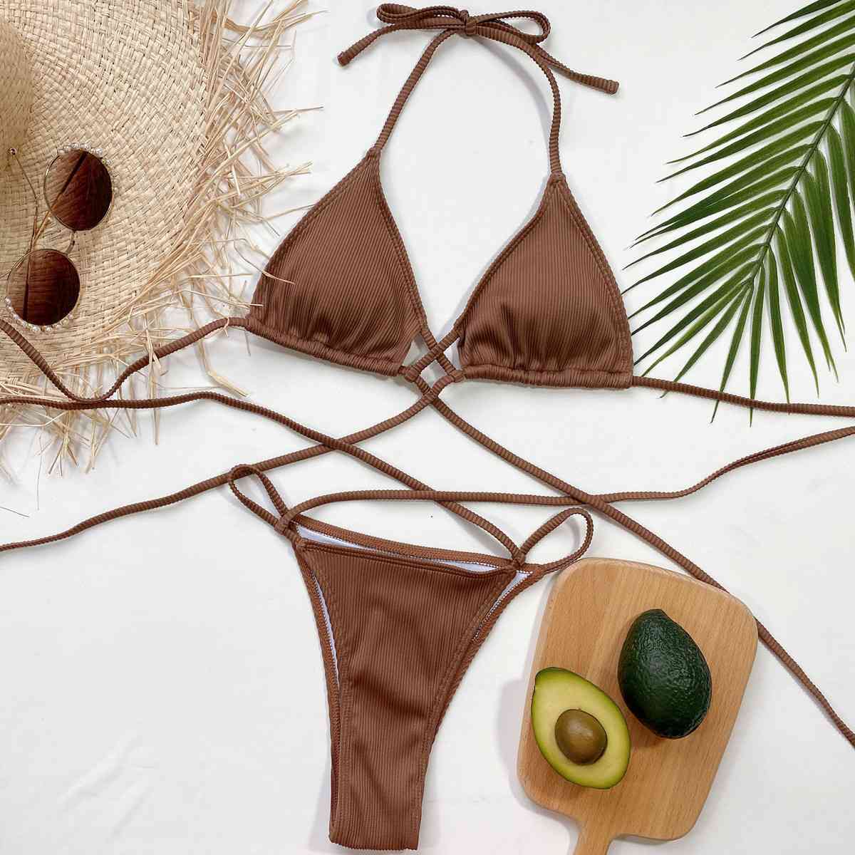 Halter Neck Crisscross Ribbed Bikini Set - Ladyez