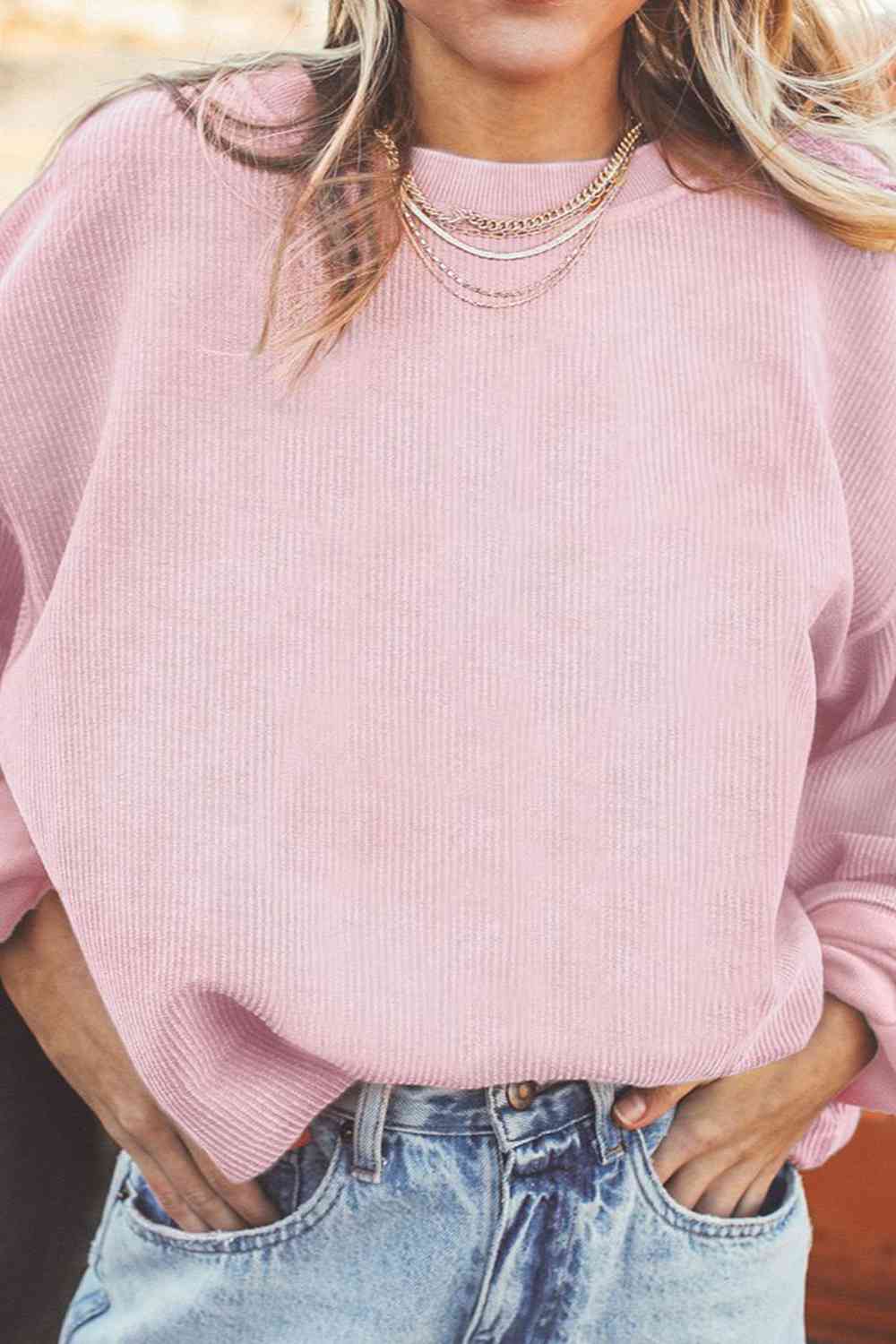 Ribbed Round Neck Drop Shoulder Sweatshirt - Ladyez