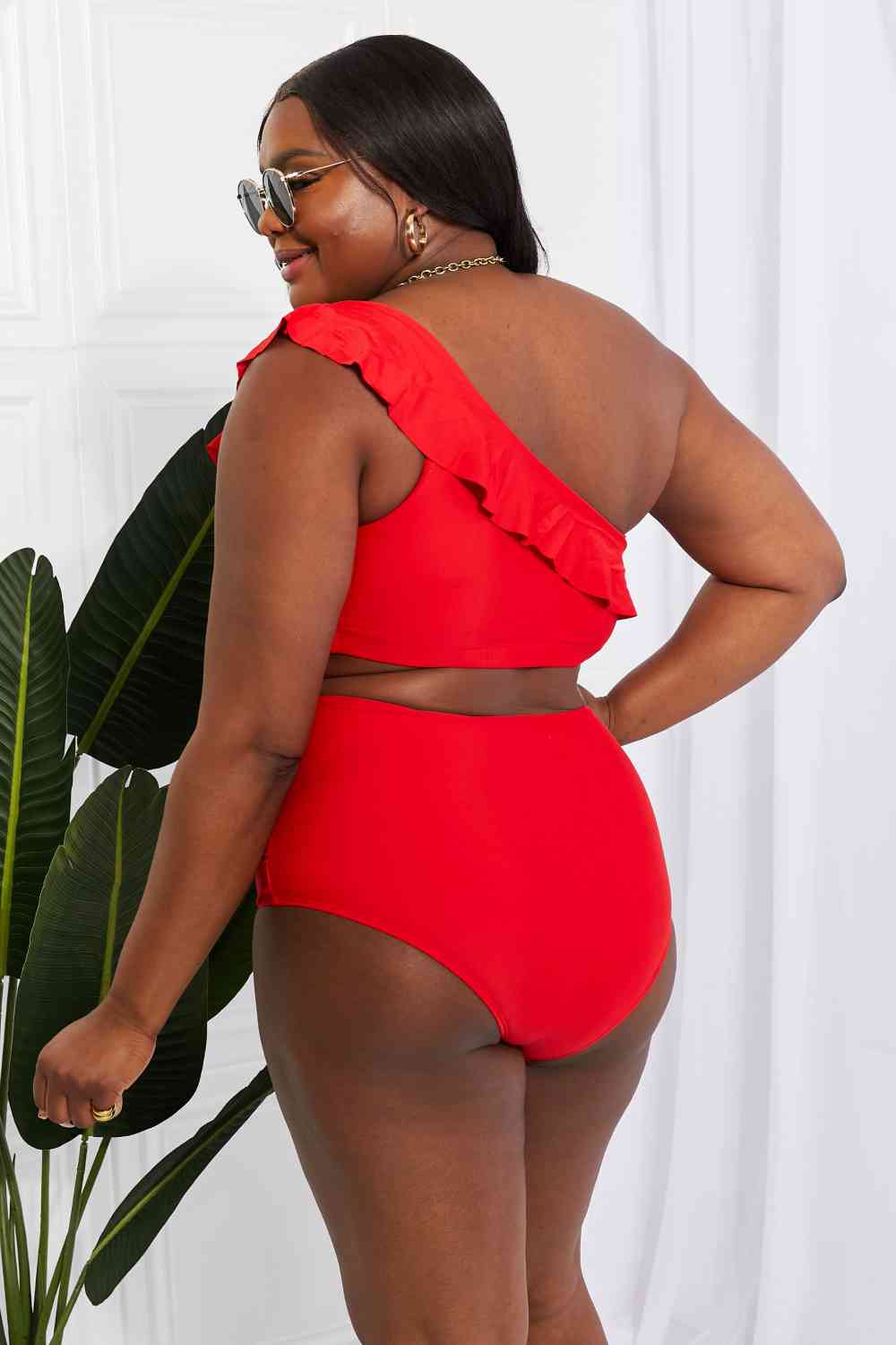 Marina West Swim Seaside Romance Ruffle One-Shoulder Bikini in Red - Ladyez