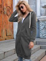 Zip-Up Longline Hoodie with Pockets - Ladyez