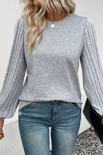Ribbed Round Neck Long Sleeve Knit Top - Ladyez