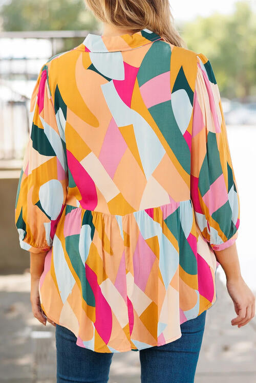 Heathered Collared Neck Long Sleeve Blouse - Ladyez