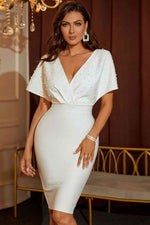 Beaded Dolman Sleeve Surplice Bodycon Dress - Ladyez