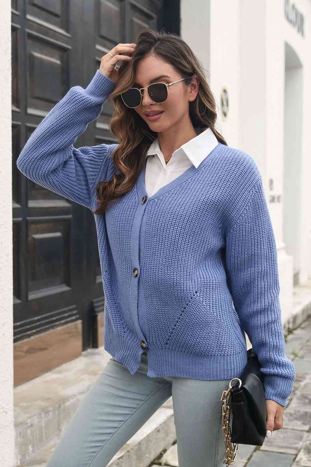 Button Down Ribbed Trim Cardigan - Ladyez