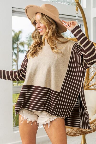 BiBi Striped Contrast Long Sleeve Slit Top - Ladyez