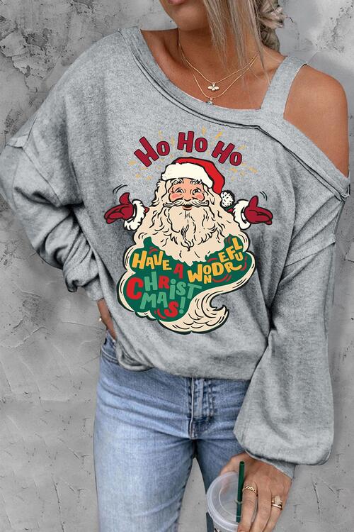 Santa Claus Graphic Asymmetrical Neck Long Sleeve Top - Ladyez