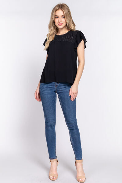 ACTIVE BASIC Ruffle Short Sleeve Crochet Blouse - Ladyez