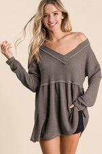 BiBi Waffle Knit V-Neck Babydoll Blouse - Ladyez