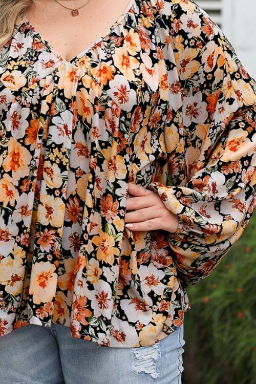 Plus Size Floral V-Neck Balloon Sleeve Blouse - Ladyez