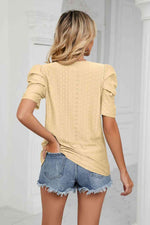 Eyelet Puff Sleeve Round Neck Blouse - Ladyez