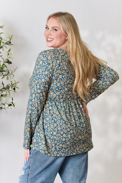 Heimish Full Size Floral Half Button Long Sleeve Blouse - Ladyez