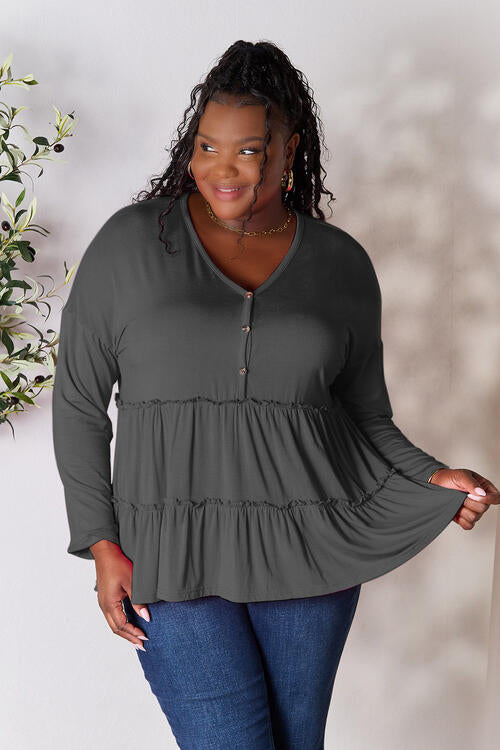 Double Take Half Button Long Sleeve Ruffle Hem Blouse - Ladyez