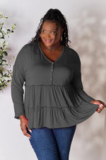 Double Take Half Button Long Sleeve Ruffle Hem Blouse - Ladyez