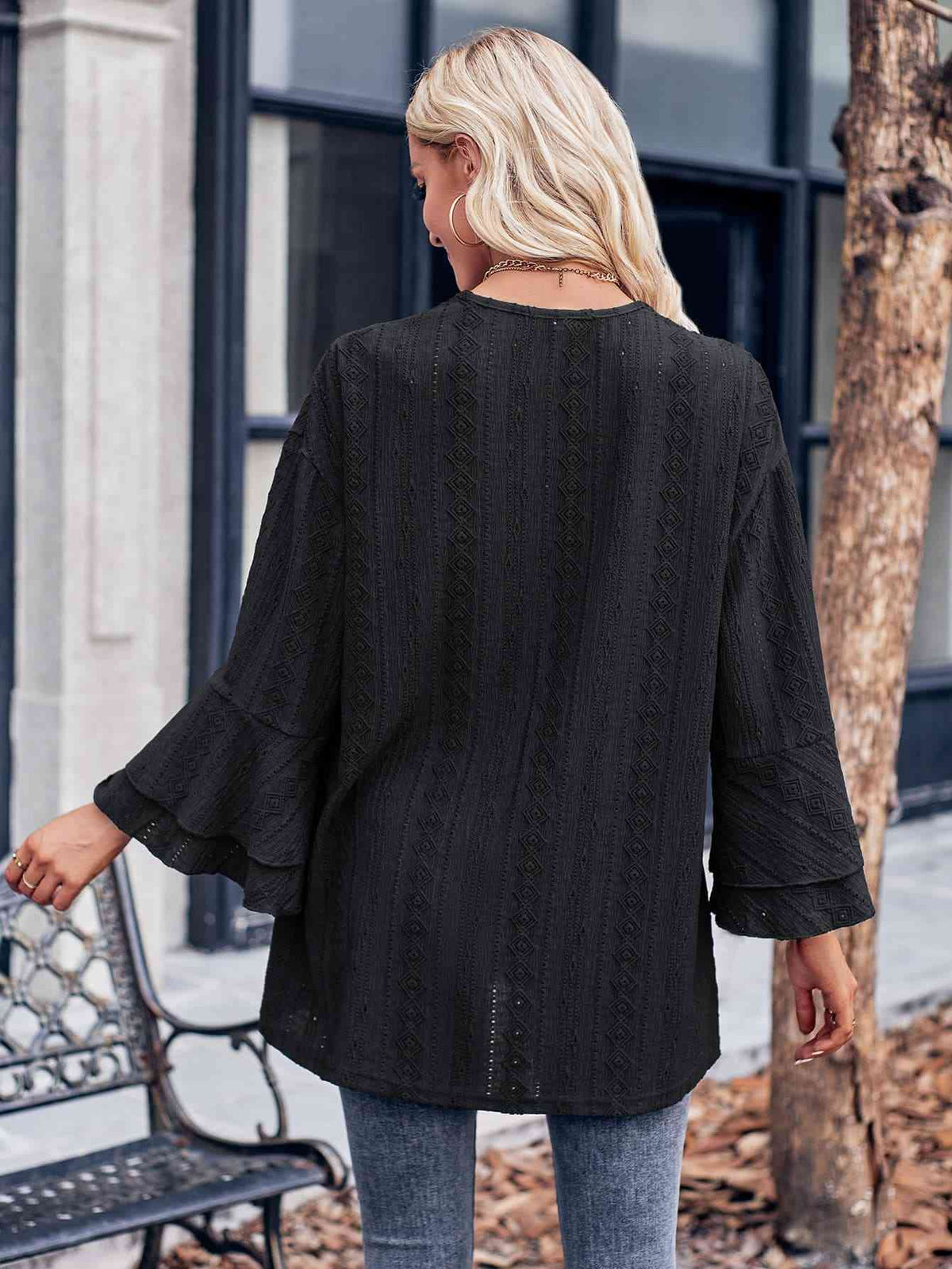 Eyelet Bell Sleeve Cardigan - Ladyez