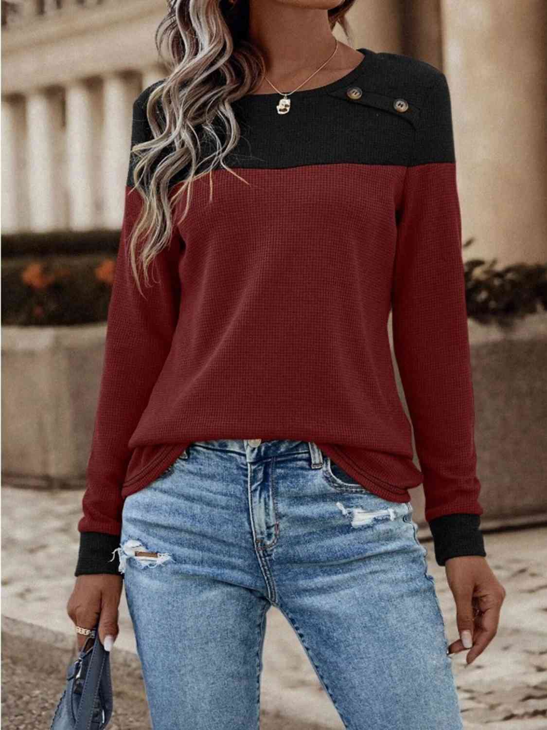 Contrast Buttoned Round Neck Long Sleeve T-Shirt - Ladyez