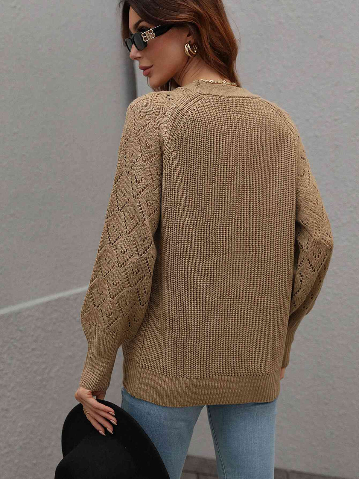 Double Take Rib-Knit Plunge Raglan Sleeve Cardigan - Ladyez