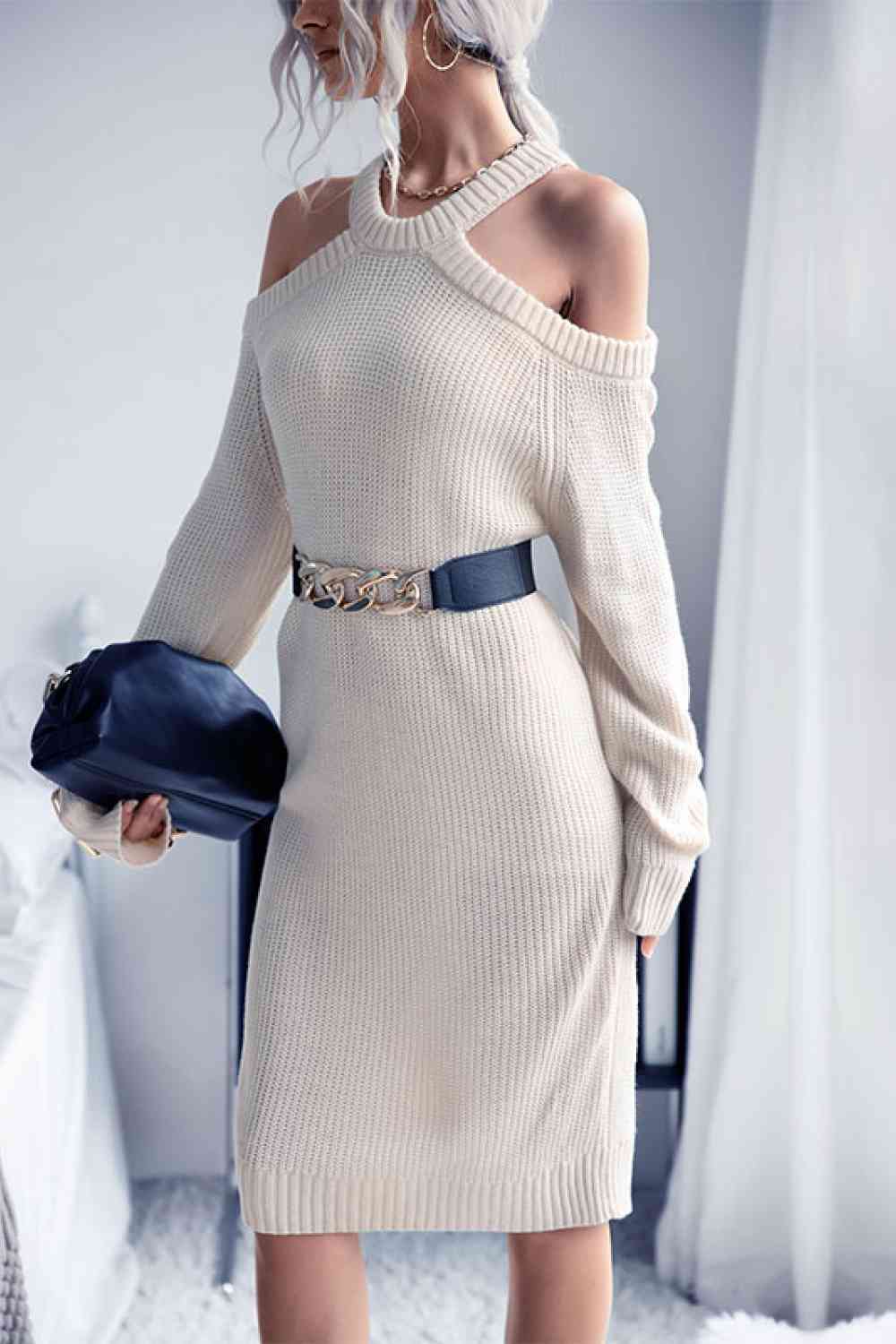 Cold Shoulder Rib-Knit Sweater Dress (Belt Not Included) - Ladyez