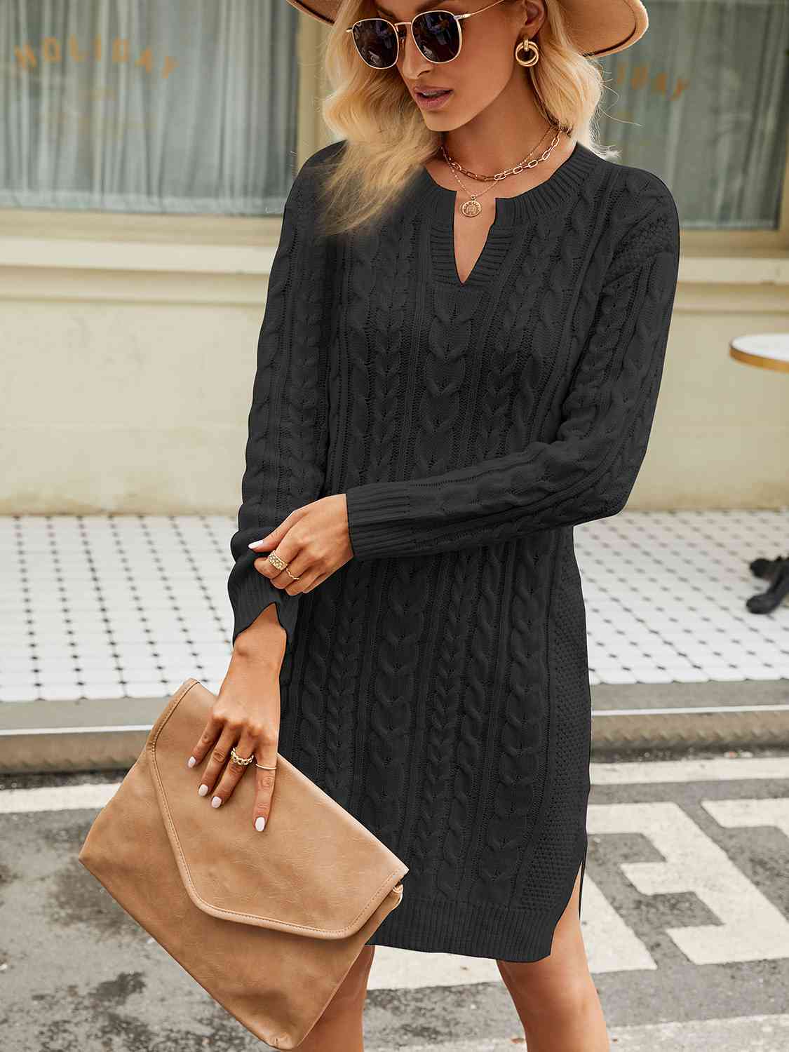Notched Neck Cable-Knit Slit Sweater Dress - Ladyez