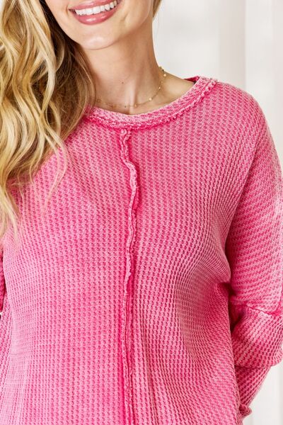 Zenana Oversized Washed Waffle Long Sleeve Top - Ladyez