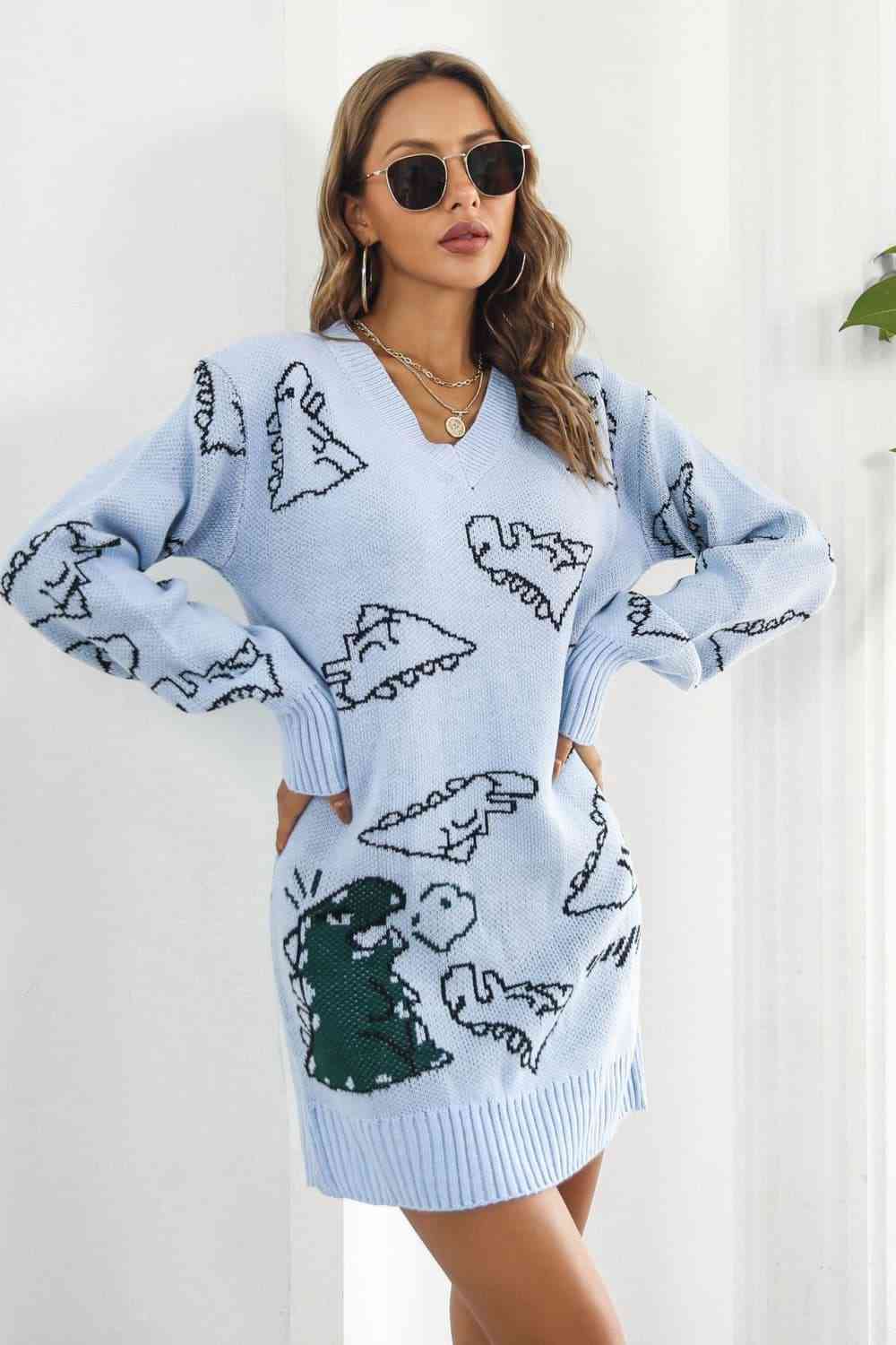 Dinosaur Pattern V-Neck Sweater Dress - Ladyez