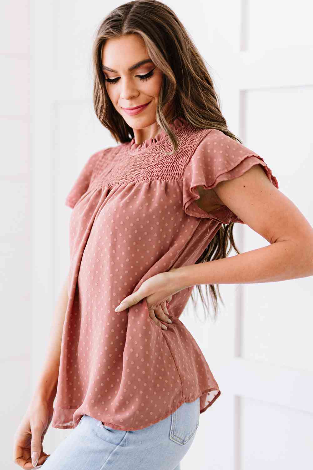 Polka Dot Smocked Flutter Sleeve Blouse - Ladyez