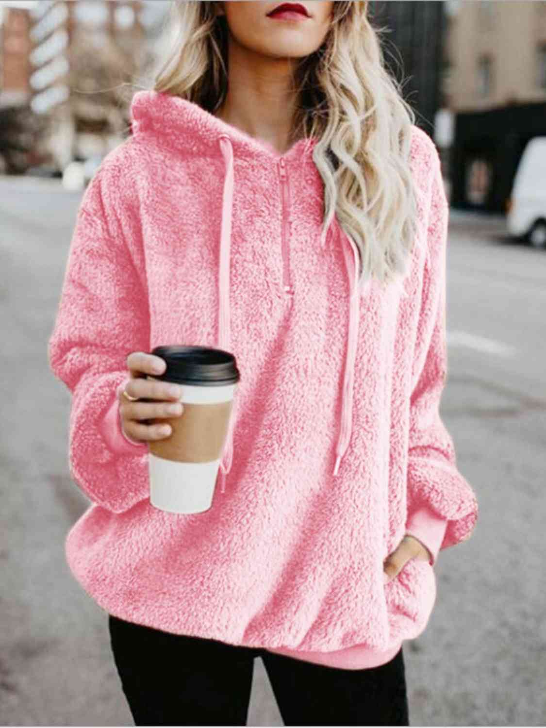 Quarter-Zip Drawstring Teddy Hoodie - Ladyez