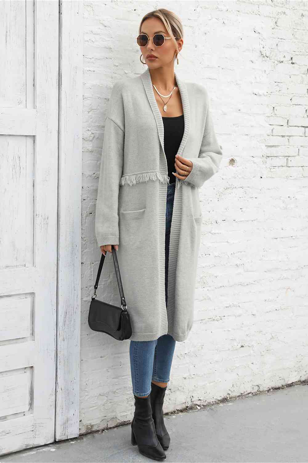 Open Front Pocketed Cardigan - Ladyez