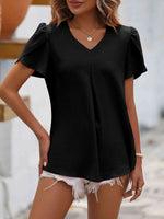 Ruche V-Neck Petal Sleeve Top - Ladyez