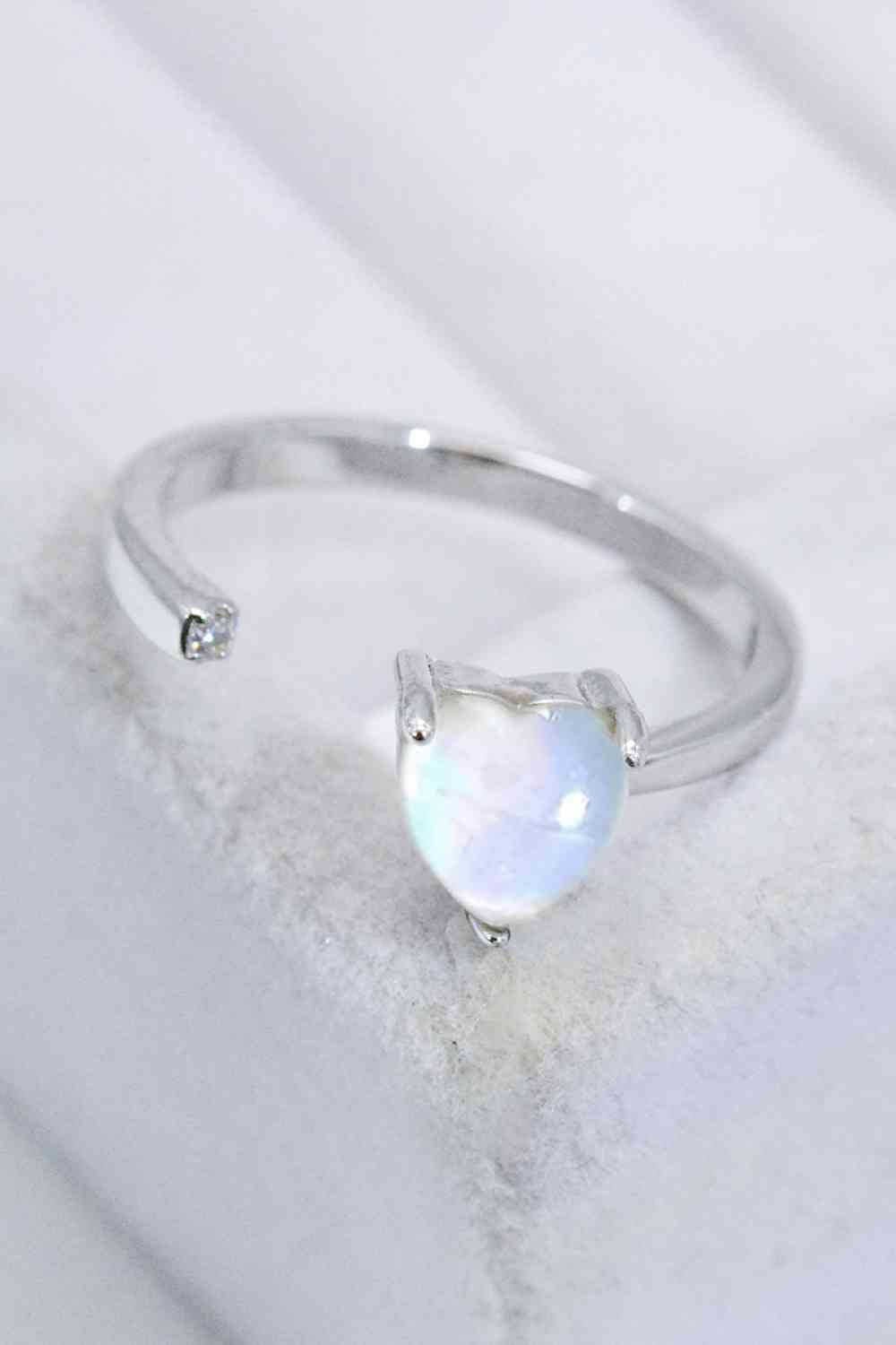 Inlaid Moonstone Heart Adjustable Open Ring - Ladyez