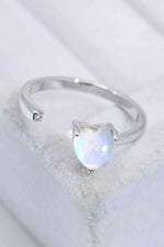 Inlaid Moonstone Heart Adjustable Open Ring - Ladyez